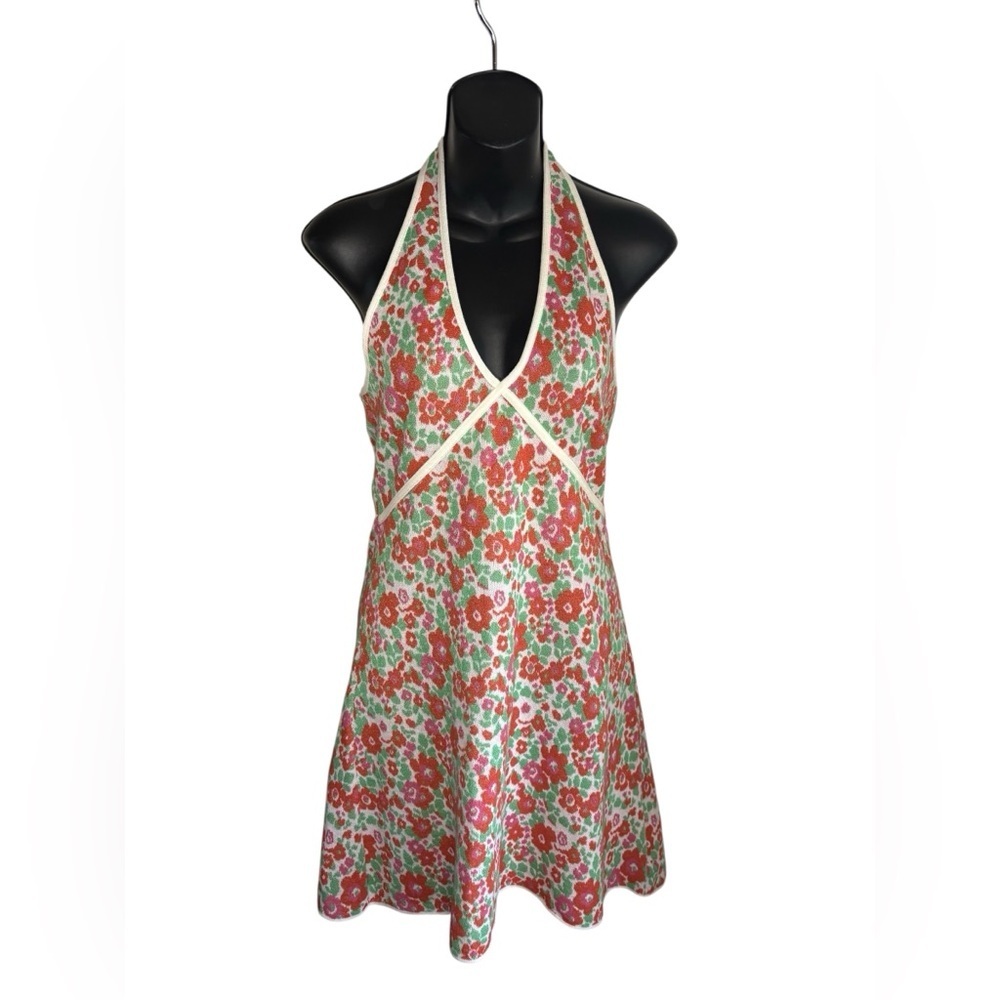 ZARA Retro Floral Knit Halter Mini Dress Large red green preloved like new - Picture 9 of 11
